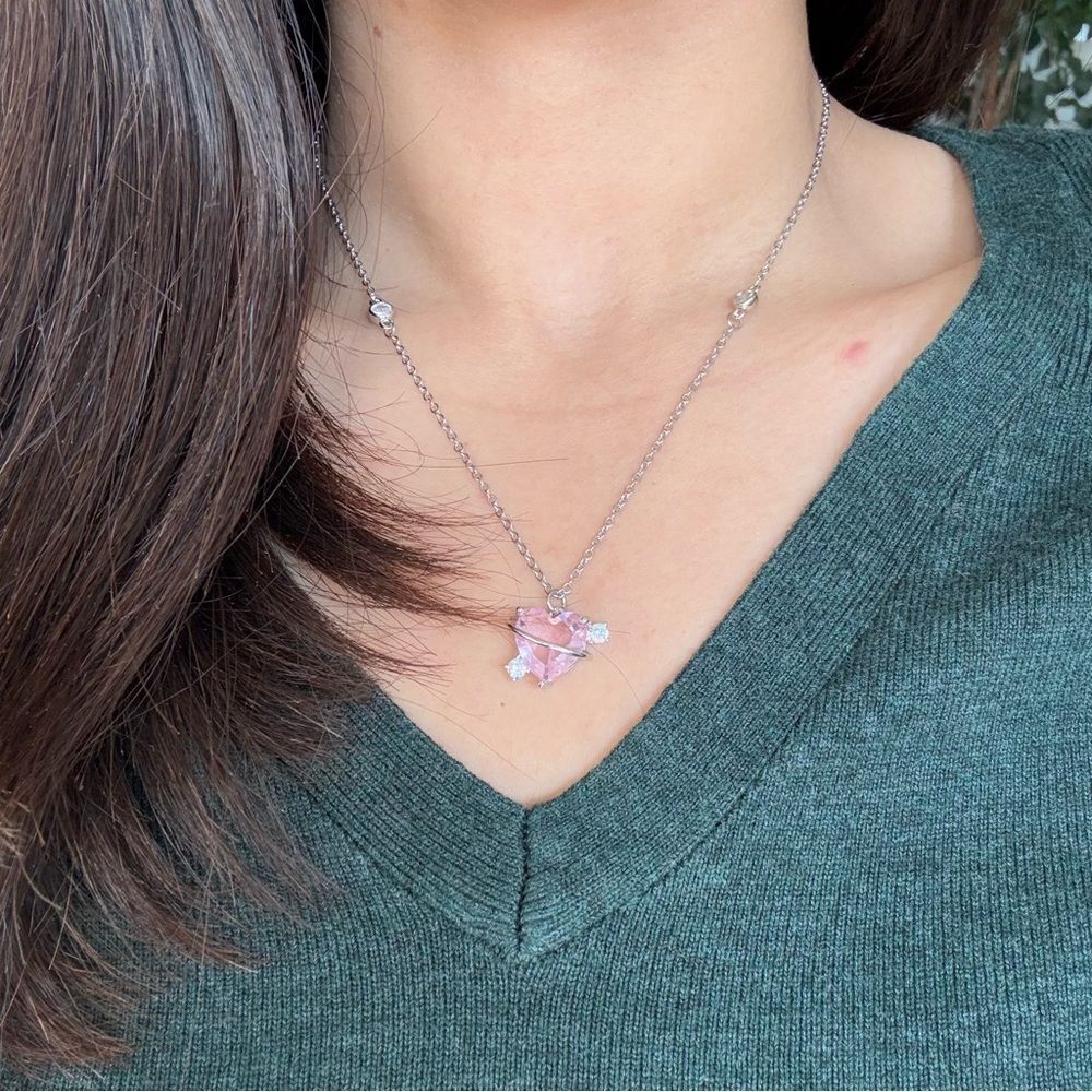 Y2k pink heart shape pink zirconia necklace on stainlesss steel silver c…